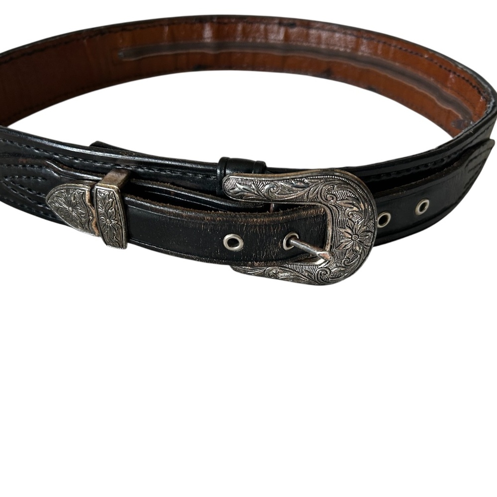 Black Western Leather Belt with Ornate Silver Buckle
